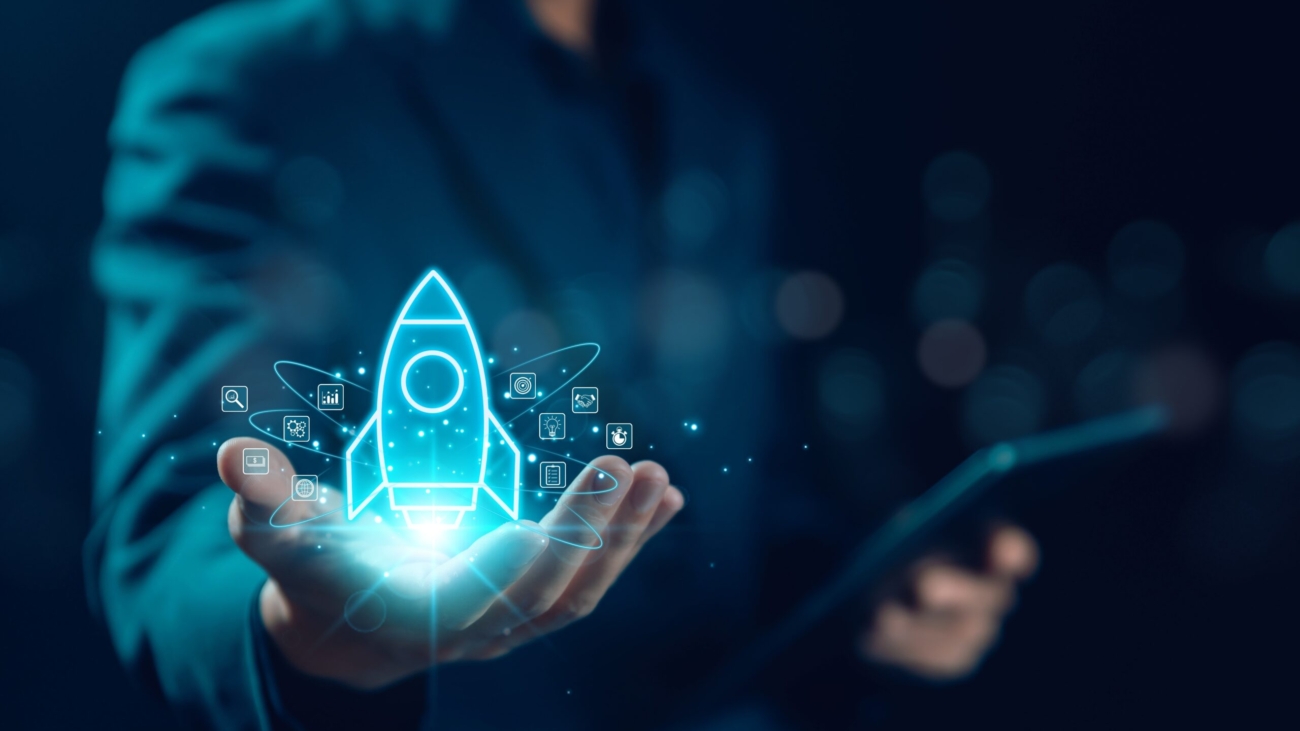 Businessman,And,Rocket,Start,Flying,Up,And,Network,Line,Connection.