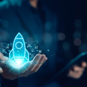 Businessman,And,Rocket,Start,Flying,Up,And,Network,Line,Connection.