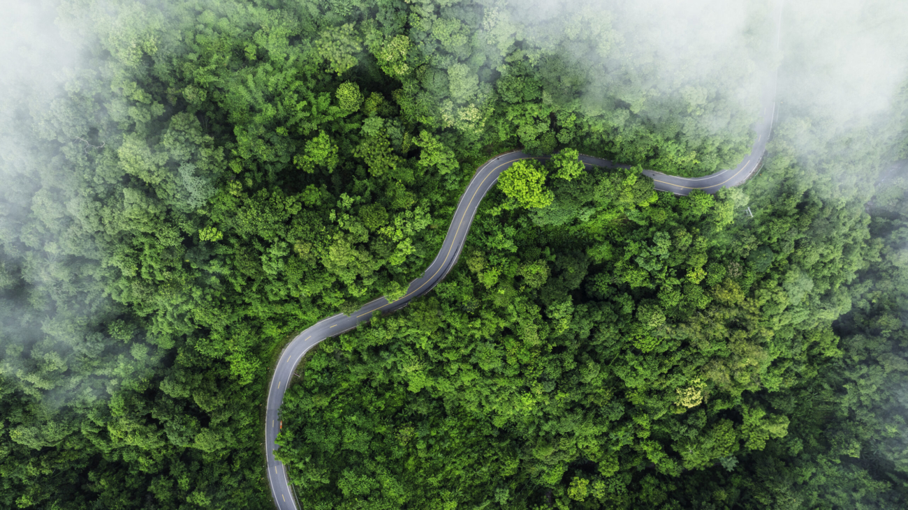 Aerial view of road in the middle of the forest , Top view road curve construction up to mountain, Rainforest ecosystem and healthy environment concept