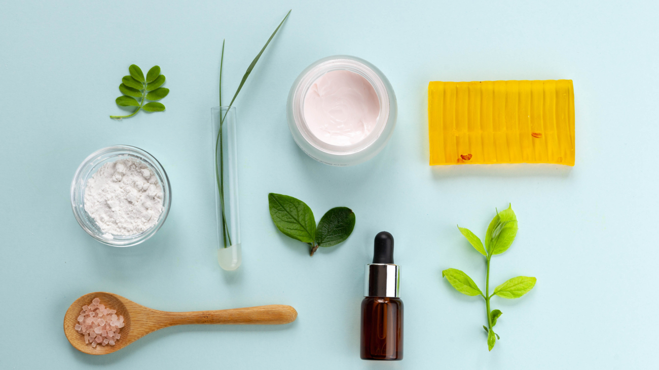 Organic cosmetics with natural ingredients, top view
