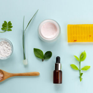 Organic cosmetics with natural ingredients, top view