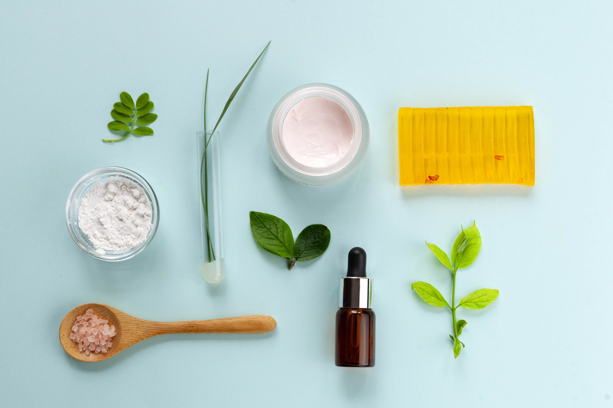 Organic cosmetics with natural ingredients, top view