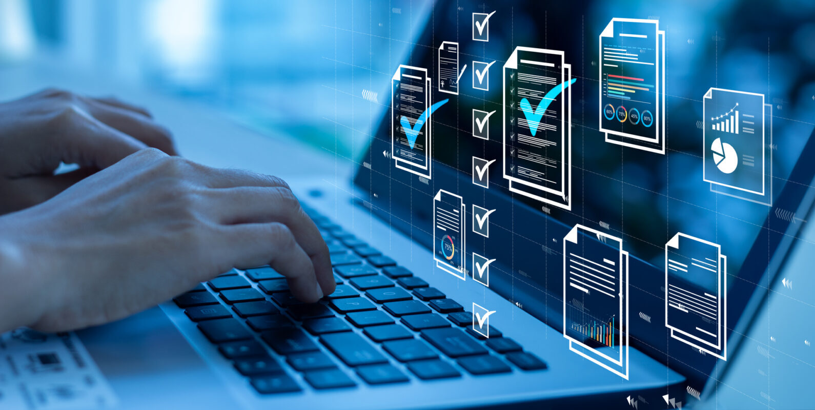 Document management concept, check electronic documents on digital documents on virtual screen Document Management System and process automation to efficiently document paperless operate